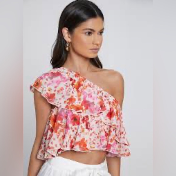 Floral Print One Shoulder Ruffle Trim Top - Picture 2 of 15